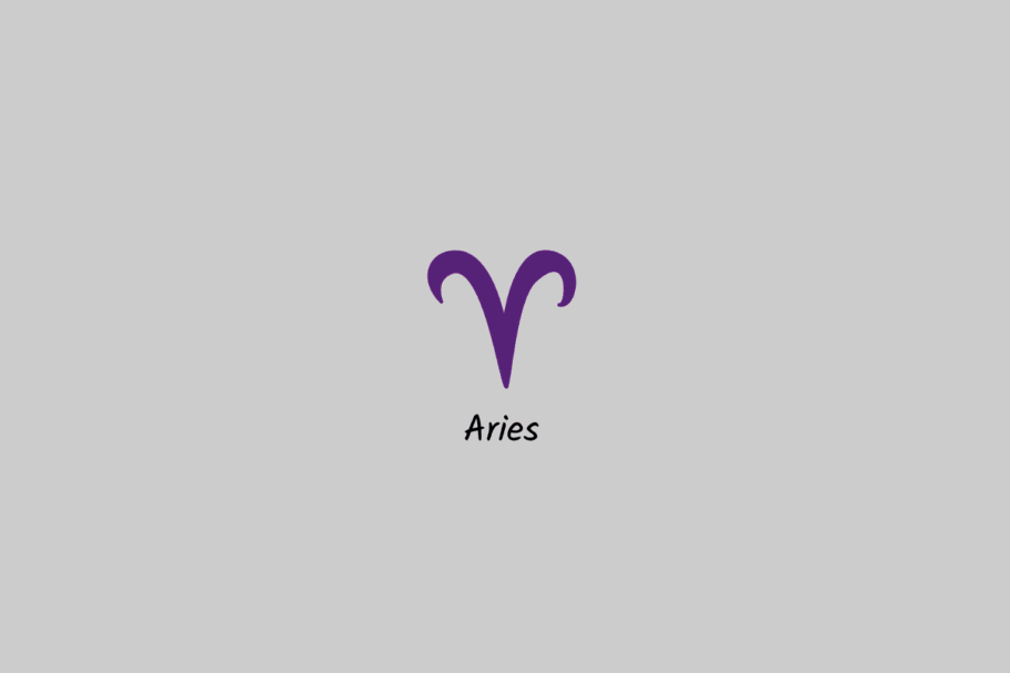 Ilustração do signo de Áries em roxo, com o nome abaixo, centralizada sobre um fundo cinza-claro