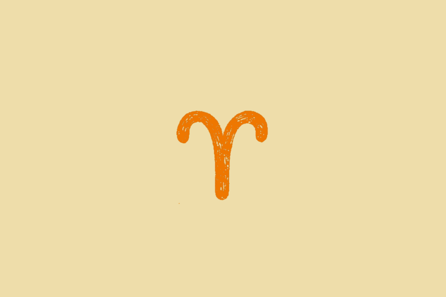 Ilustração do símbolo do signo de Áries, formado por linhas curvas que lembram os chifres de um carneiro, em laranja, sobre fundo bege-claro.