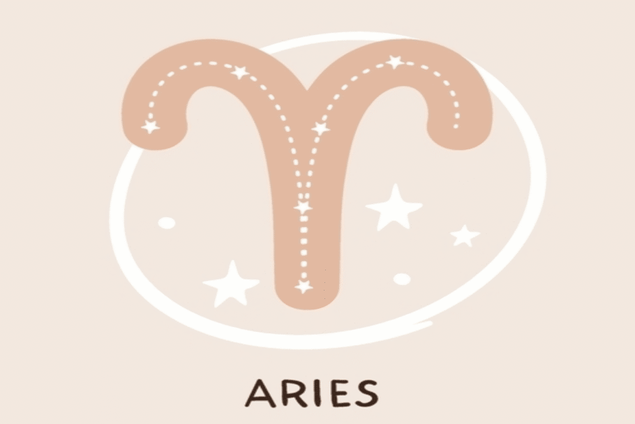 Ilustração do símbolo de Áries em tom bege, decorado internamente com linhas pontilhadas e pequenas estrelas brancas. O desenho aparece sobre fundo claro, cercado por elementos que remetem ao céu e às constelações.