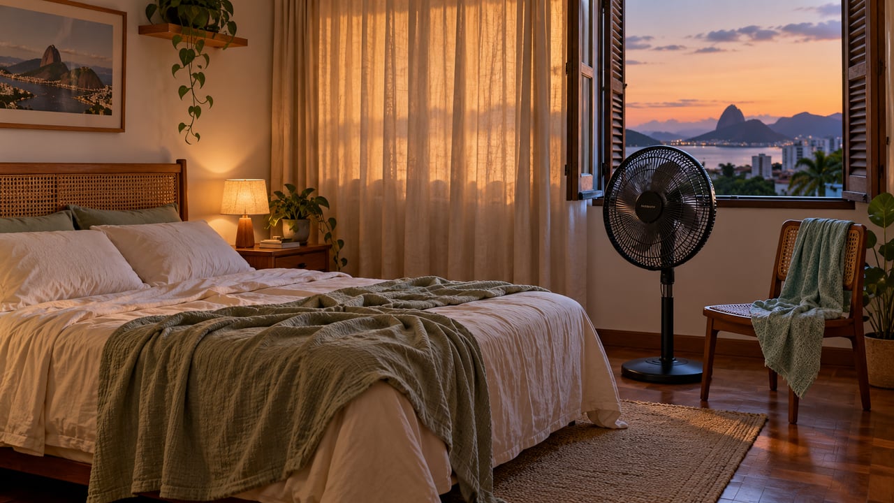 Ventilação cruzada, cortinas fechadas à tarde e lençóis leves ajudam a reduzir o desconforto nas noites quentes – Imagem ilustrativa criada por inteligência artificial