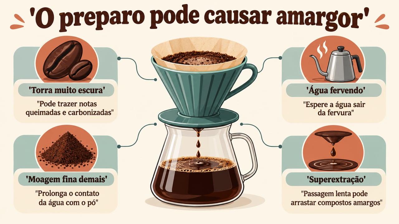Torra escura, moagem fina demais e falhas na extração podem aumentar o amargor do café – Imagem ilustrativa criada por inteligência artificial