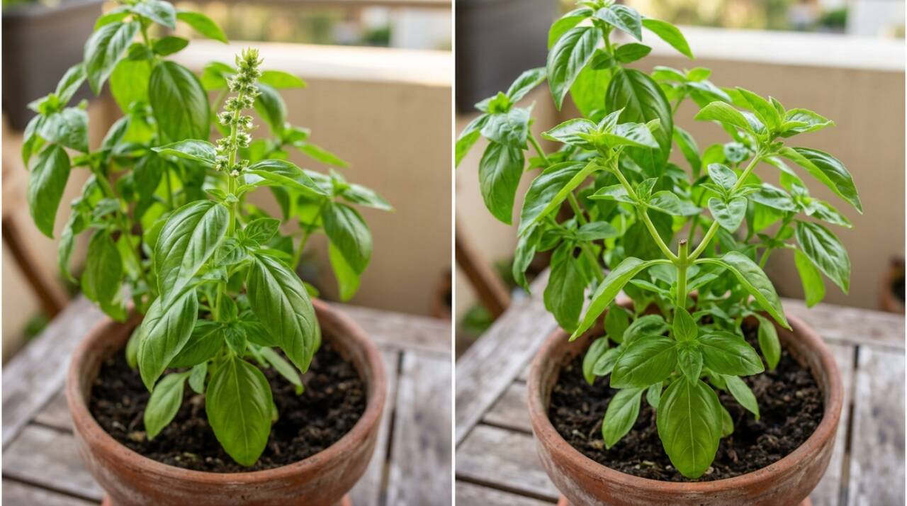 Por que o manjericão fica menos cheio quando floresce? Entenda o efeito da floração e como podar as pontas para estimular novas brotações.
