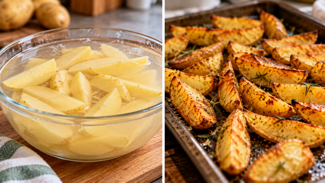 Quer batatas mais douradas e crocantes? Veja por que usar água fria, secar bem os pedaços e evitar que fiquem amontoados faz diferença no forno.