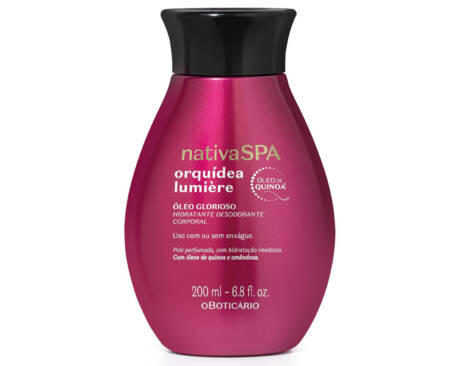 Óleo Glorioso Nativa SPA Orquídea Lumière combina o perfume característico da linha com um blend de óleo de quinoa e óleo de amêndoas