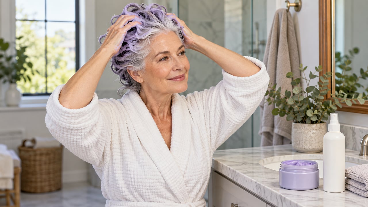 Shampoo desamarelador, hidratação e protetor térmico ajudam a manter o cabelo grisalho em dia – Imagem ilustrativa criada por inteligência artificial