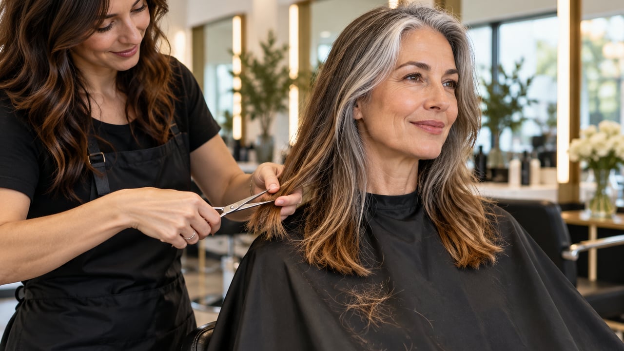 Cortes periódicos ajudam a remover pontas sensibilizadas enquanto o cabelo grisalho cresce – Imagem ilustrativa criada por inteligência artificial