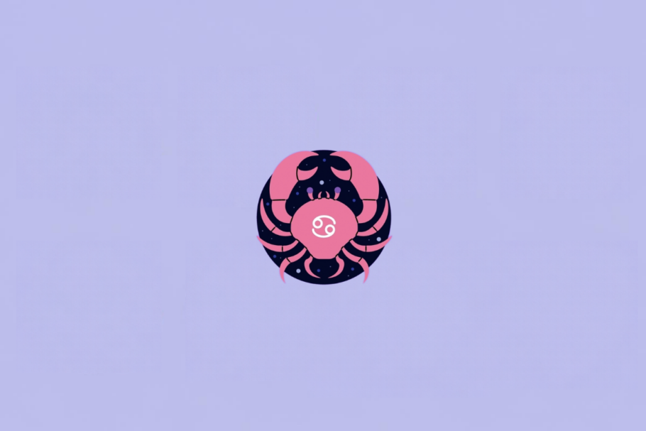 Ilustração do signo de Câncer, representado por um caranguejo estilizado na cor rosa, com patas e pinças abertas. O símbolo de Câncer aparece em branco no centro do corpo. Ao fundo há um círculo azul-marinho com pequenos pontos semelhantes a estrelas. Em fundo roxo-claro.