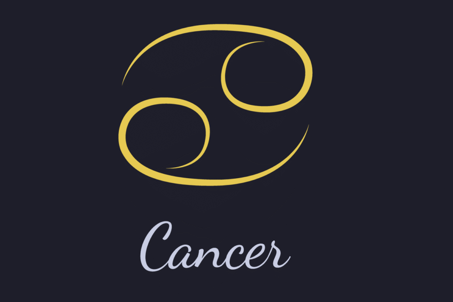 A imagem apresenta o símbolo astrológico de Câncer em dourado, formado por duas linhas curvas opostas, semelhantes ao número 69 na horizontal. Abaixo, o nome “Cancer” aparece em letras cursivas cinza-claras, sobre um fundo azul-escuro quase preto.