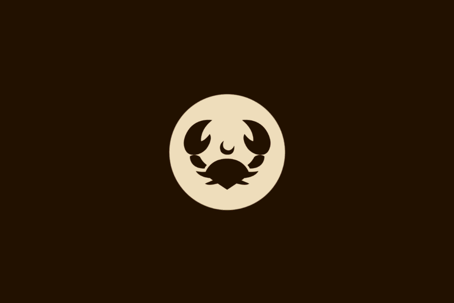 Ilustração vetorial do signo de Câncer, representada por um caranguejo com garras e um símbolo de lua acima, centralizado em um círculo bege sobre fundo marrom.