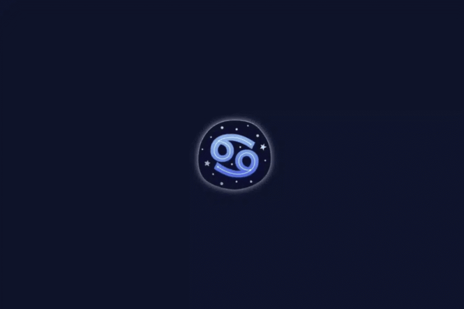 Ilustração do símbolo astrológico do signo de Câncer em tons de azul-claro e lilás, formado por duas curvas opostas com círculos nas extremidades. O desenho está centralizado em um círculo decorado com pequenas estrelas brancas, sobre um fundo azul-marinho escuro.