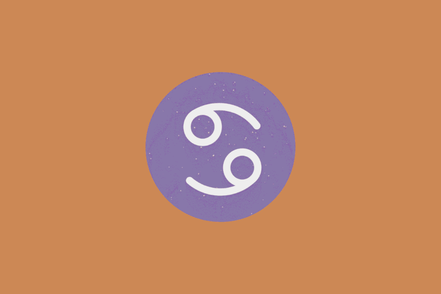Símbolo do signo de Câncer em branco centralizado em um círculo roxo com fundo alaranjado