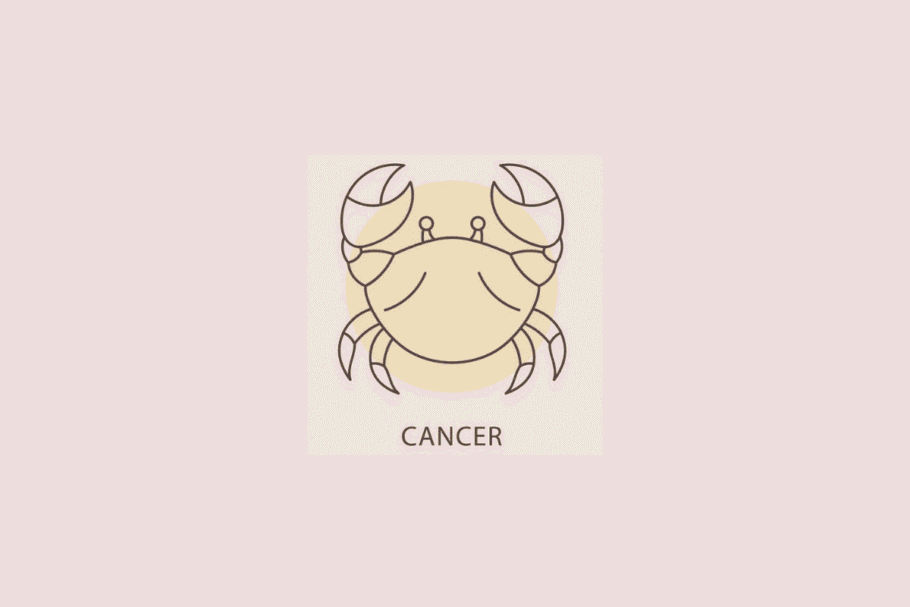 Ilustração em linhas finas de um caranguejo com garras levantadas, com um círculo bege ao fundo e a palavra "CANCER" abaixo.