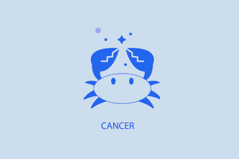 Ilustração minimalista em tons de azul e branco representando o signo de Câncer. Mostra um caranguejo estilizado visto de frente, acompanhado de pequenos pontos e uma estrela acima da cabeça. Na parte inferior, está escrita a palavra "CANCER" em letras maiúsculas azul-escuro.