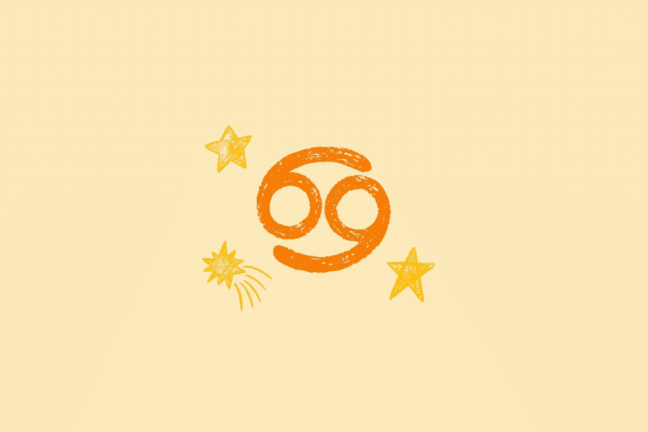 Ilustração do símbolo do signo de Câncer, representado por duas formas curvas semelhantes a caracóis, na cor laranja, acompanhadas de estrelas amarelas sobre fundo bege-claro.