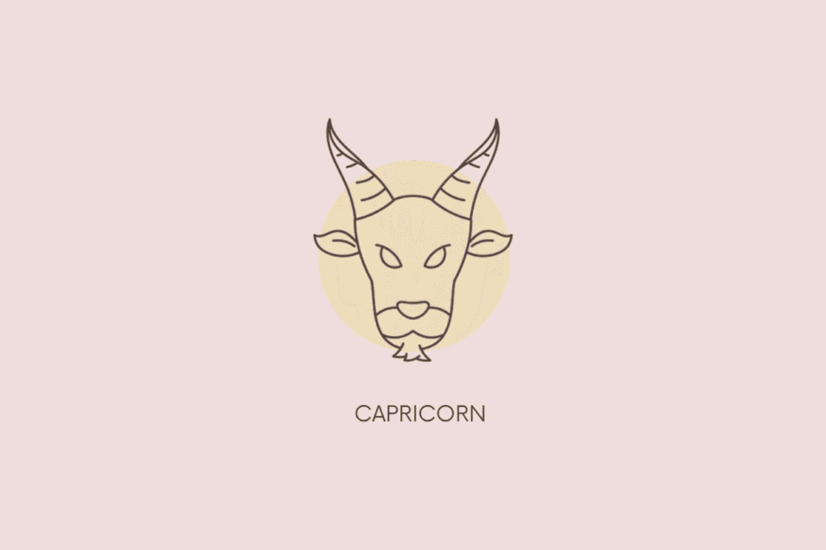 Ilustração em linhas finas da cabeça de uma cabra com chifres e barba, com um círculo bege ao fundo e a palavra "CAPRICORN" abaixo