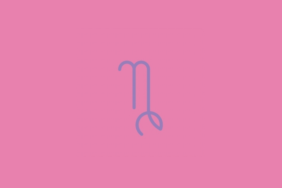 Símbolo do signo de Capricórnio em linhas roxas sobre um fundo rosa.