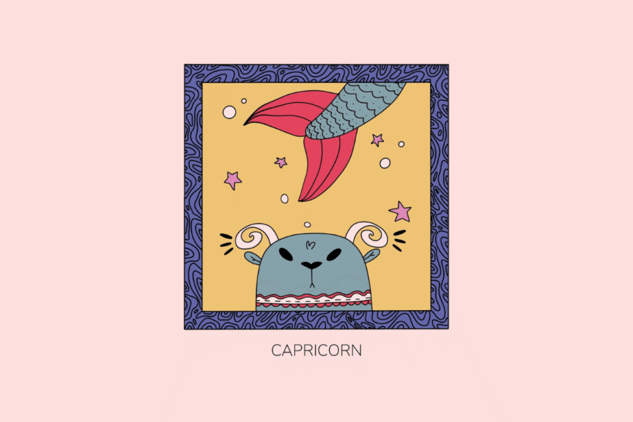 Ilustração estilizada do signo de Capricórnio, exibindo uma figura com cabeça de bode na parte inferior e uma cauda de peixe na parte superior, em moldura roxa com fundo amarelo e a palavra "Capricorn" abaixo.