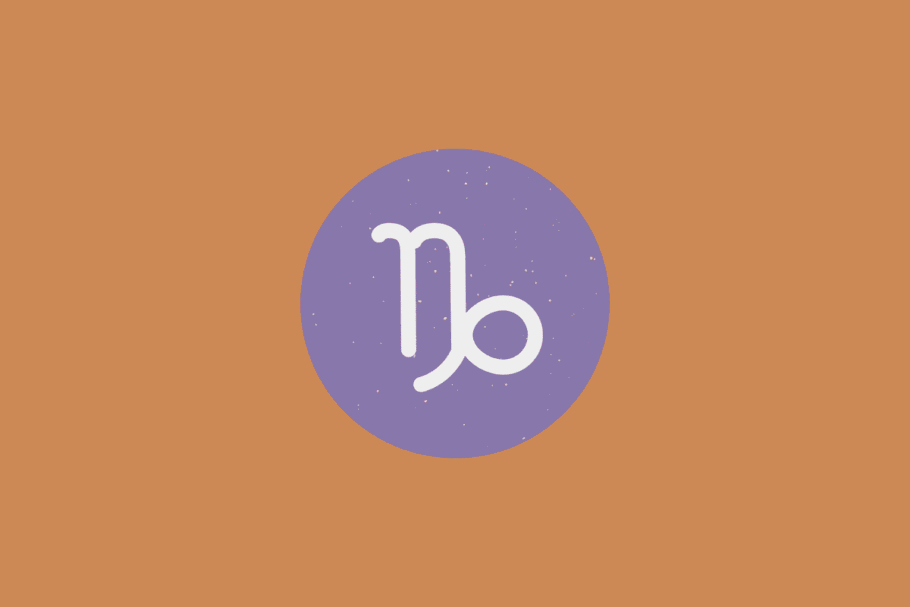 Símbolo do signo de Capricórnio em branco dentro de um círculo roxo sobre fundo alaranjado