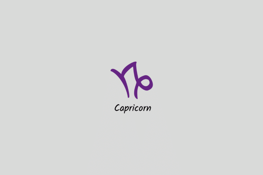 Ilustração do signo de Capricórnio em roxo, com o nome abaixo, centralizada sobre um fundo cinza-claro