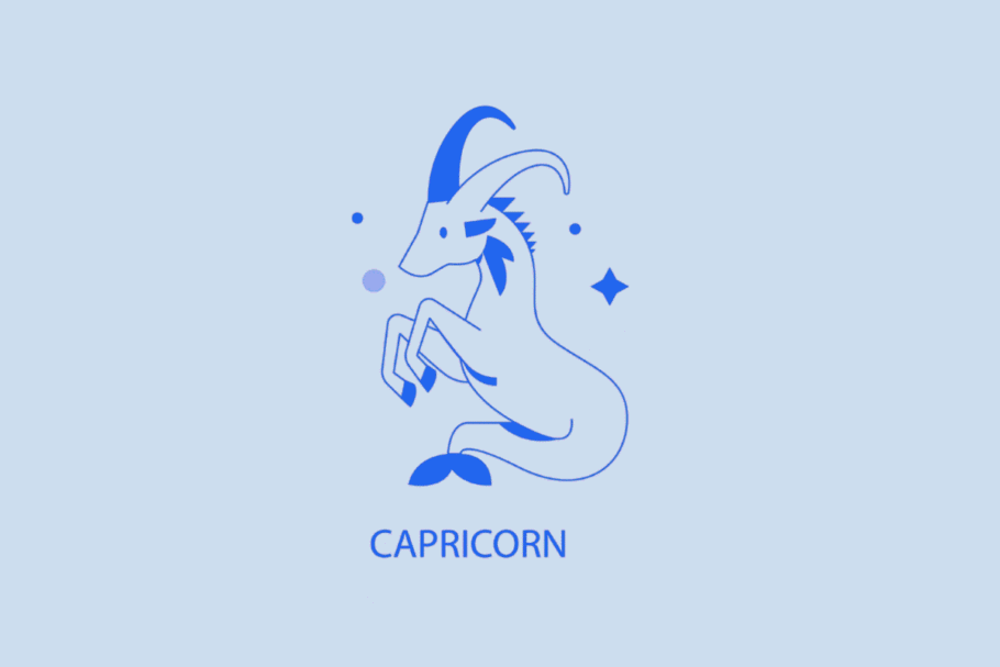 Ilustração minimalista em tons de azul e branco representando o signo de Capricórnio. Mostra a figura de uma cabra-peixe (mítico ser metade cabra e metade peixe), acompanhada de pequenos pontos e uma estrela ao fundo. Na parte inferior, está escrita a palavra "CAPRICORN" em letras maiúsculas azul-escuro.