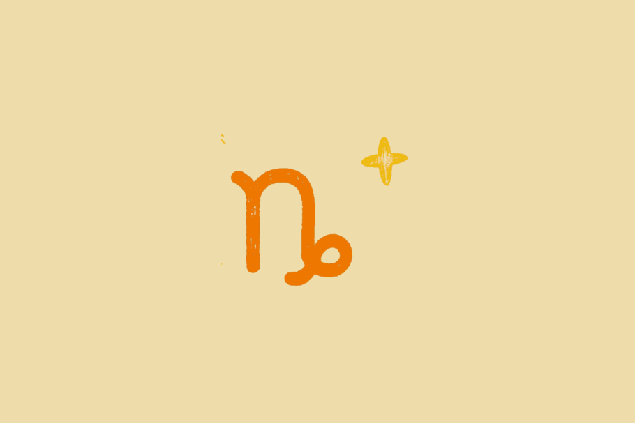 Ilustração do símbolo do signo de Capricórnio, desenhado em laranja sobre fundo bege-claro, acompanhado por uma pequena estrela amarela.