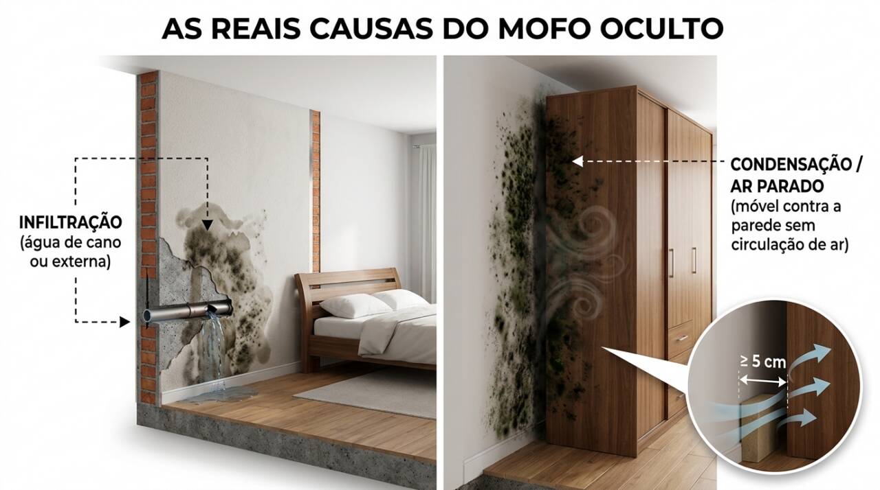 O mofo reapareceu depois da limpeza? Saiba como investigar paredes úmidas, afastar móveis e controlar a umidade para evitar que o problema volte.