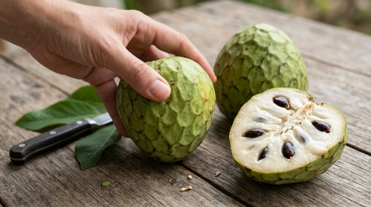 A cherimoia madura cede levemente à pressão dos dedos, sem estar mole demais.