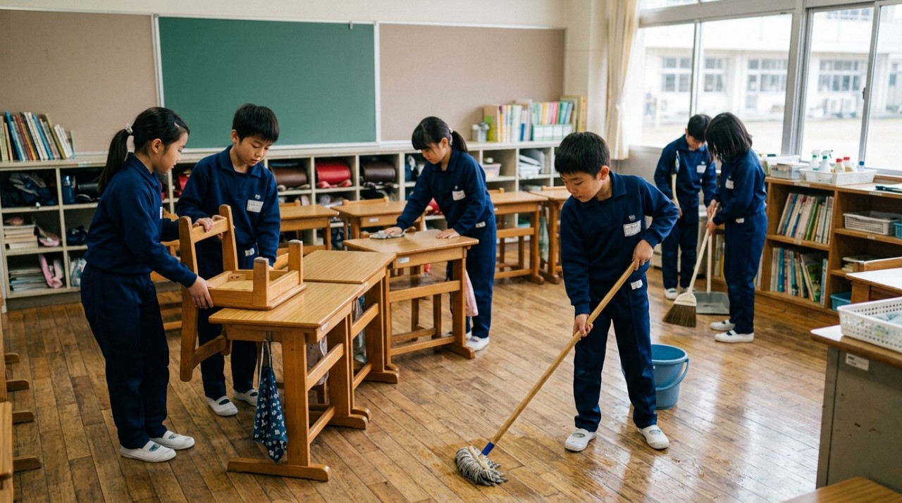 Em muitas escolas japonesas, os próprios alunos participam da limpeza de salas, corredores e outras áreas.