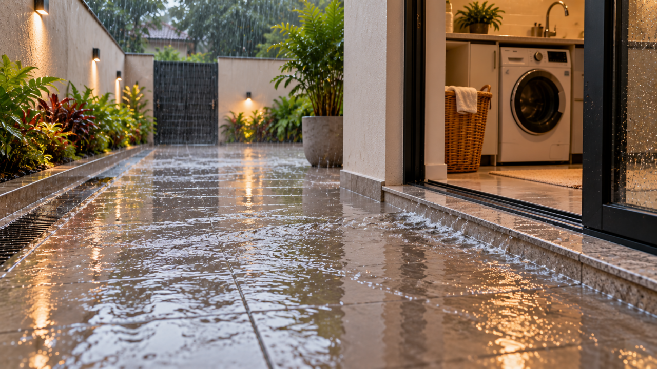 Eliminar o degrau do quintal exige cuidado com a drenagem. Entenda por que o piso precisa ter caimento para impedir que a chuva chegue à porta.