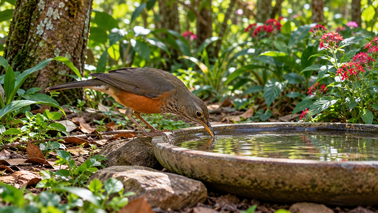 Água rasa renovada, sombra e vegetação oferecem abrigo e recursos naturais para as aves – Imagem ilustrativa criada por inteligência artificial