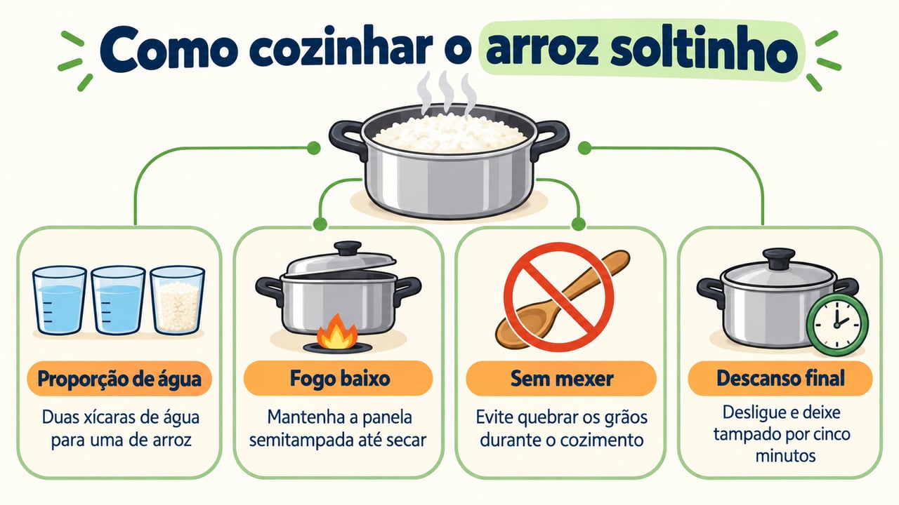 Cozinhe em fogo baixo sem mexer e deixe o arroz tampado por cinco minutos após desligar – Imagem ilustrativa criada por inteligência artificial