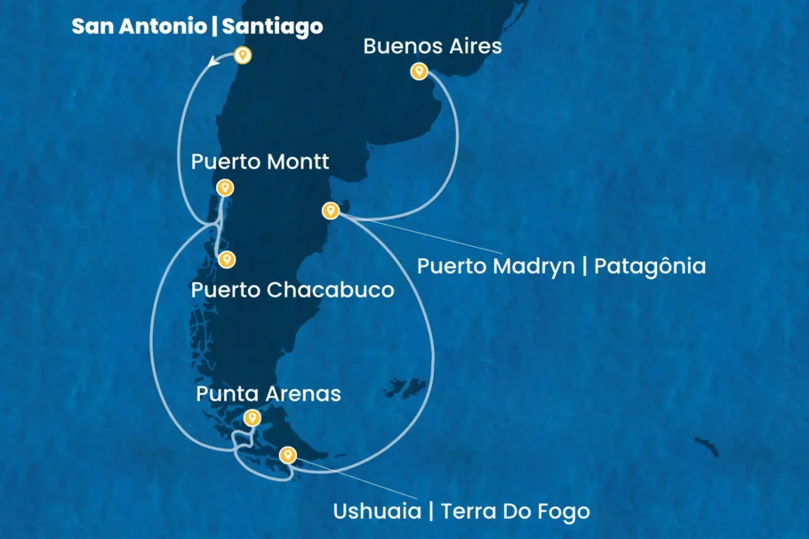 Roteiro de 14 dias do navio Costa Serena pela Terra do Fogo