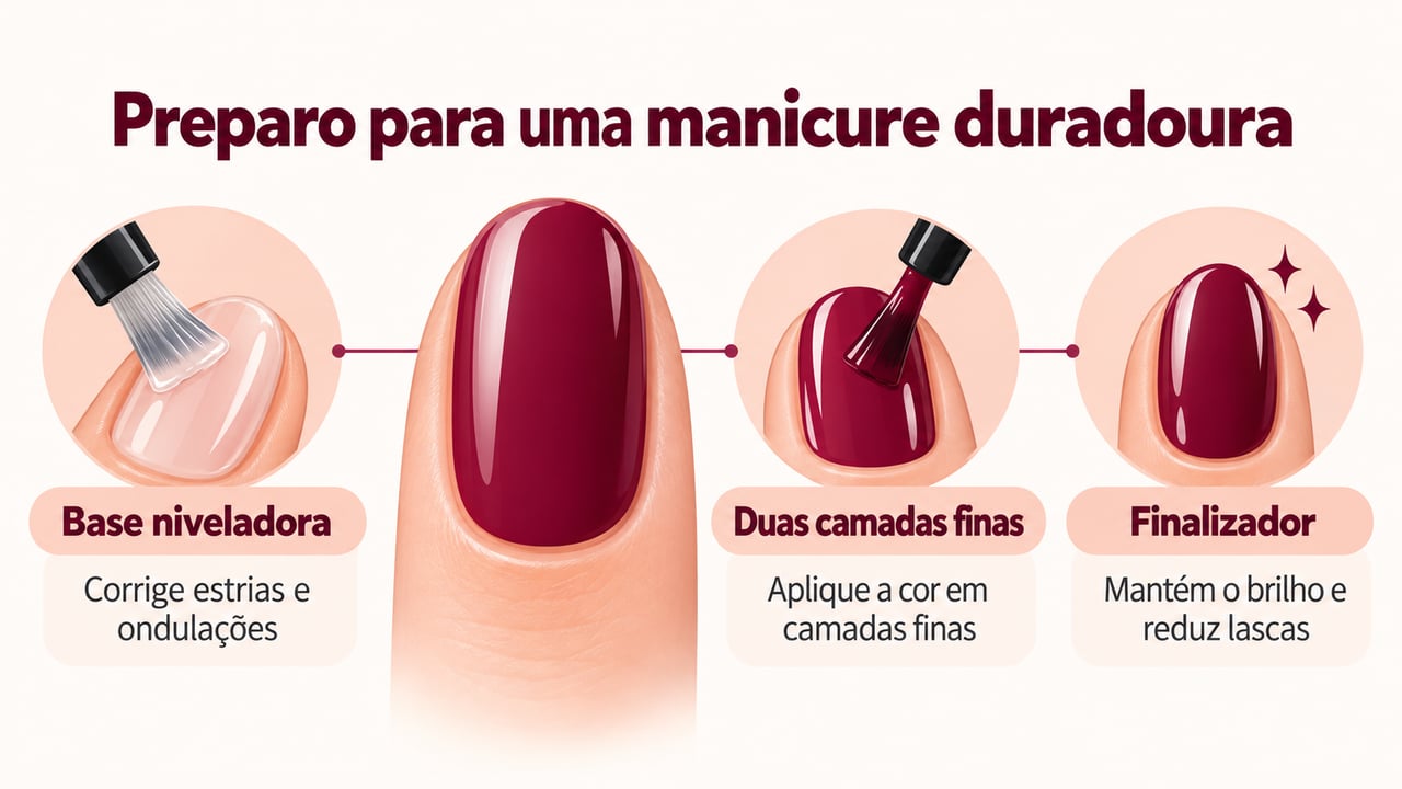 Base niveladora, duas camadas finas e finalizador ajudam a manter a manicure bonita por mais tempo – Imagem ilustrativa criada por inteligência artificial