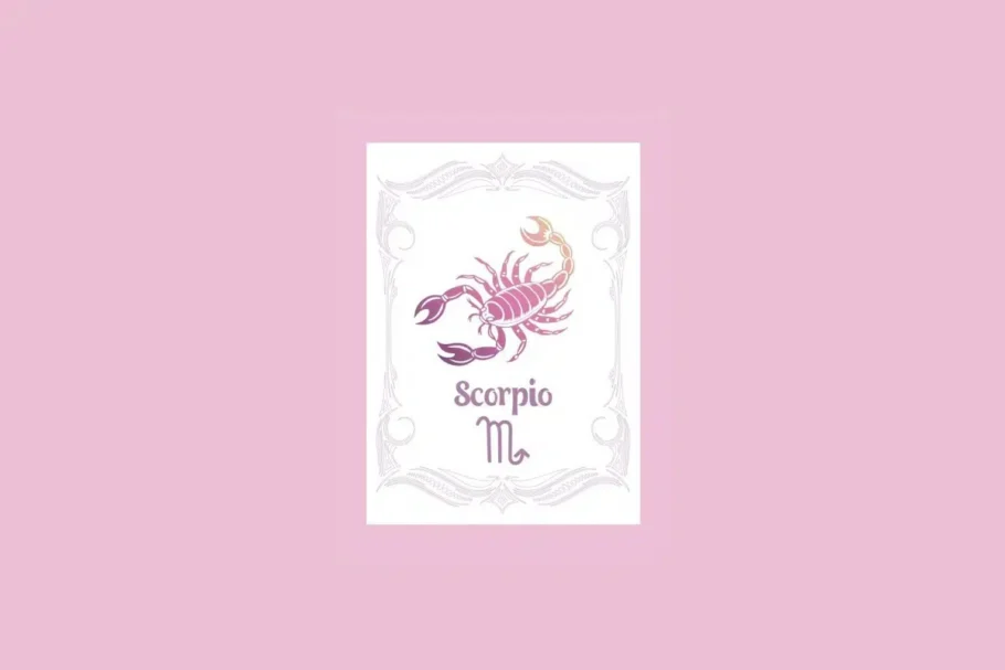 Um cartão branco com uma moldura ornamentada em rosa claro contém a ilustração de um escorpião com um gradiente de roxo a laranja, e o texto "Scorpio" acima do símbolo do escorpião, tudo sobre um fundo rosa sólido.