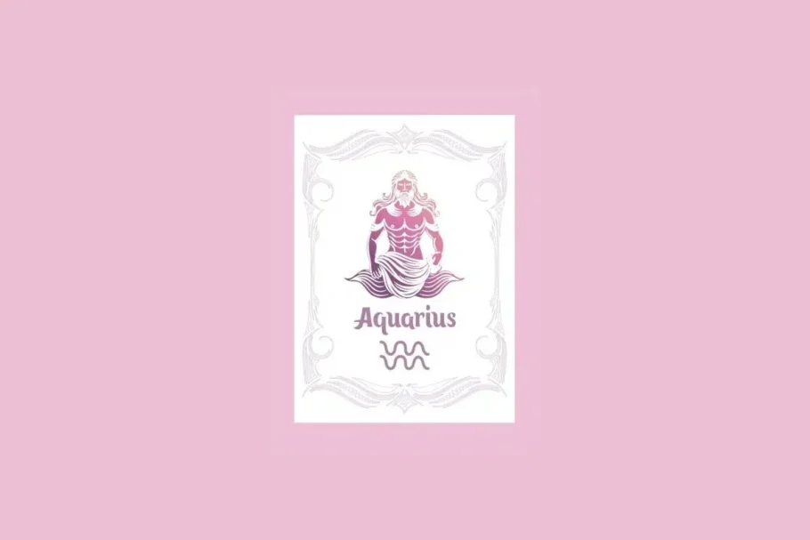 Um cartão branco com uma moldura ornamentada em rosa claro contém a ilustração de um homem derramando água com um gradiente de roxo a laranja, e o texto "Aquarius" acima do símbolo das ondas, tudo sobre um fundo rosa sólido.