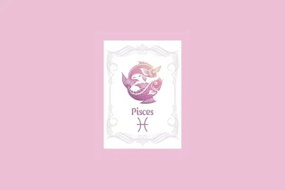 Um cartão branco com uma moldura ornamentada em rosa claro contém a ilustração de dois peixes nadando em direções opostas com um gradiente de roxo a laranja, e o texto "Pisces" acima do símbolo dos peixes, tudo sobre um fundo rosa sólido.