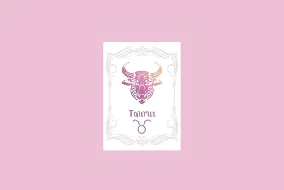 Um cartão branco com uma moldura ornamentada em rosa claro contém a ilustração da cabeça de um touro com um gradiente de roxo a laranja, e o texto "Taurus" acima do símbolo do touro, tudo sobre um fundo rosa sólido.