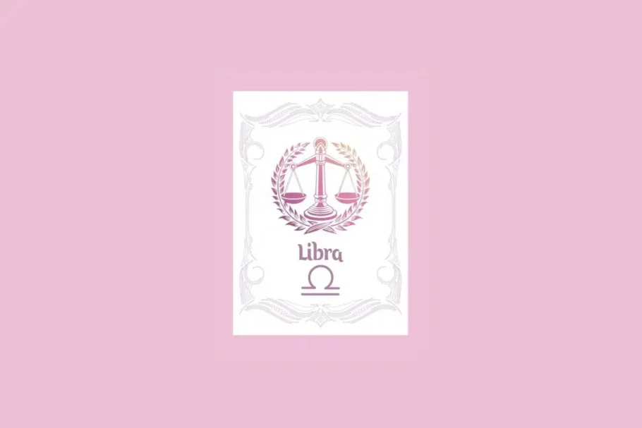Um cartão branco com uma moldura ornamentada em rosa claro contém a ilustração de uma balança com um gradiente de roxo a laranja, e o texto "Libra" acima do símbolo da balança, tudo sobre um fundo rosa sólido.