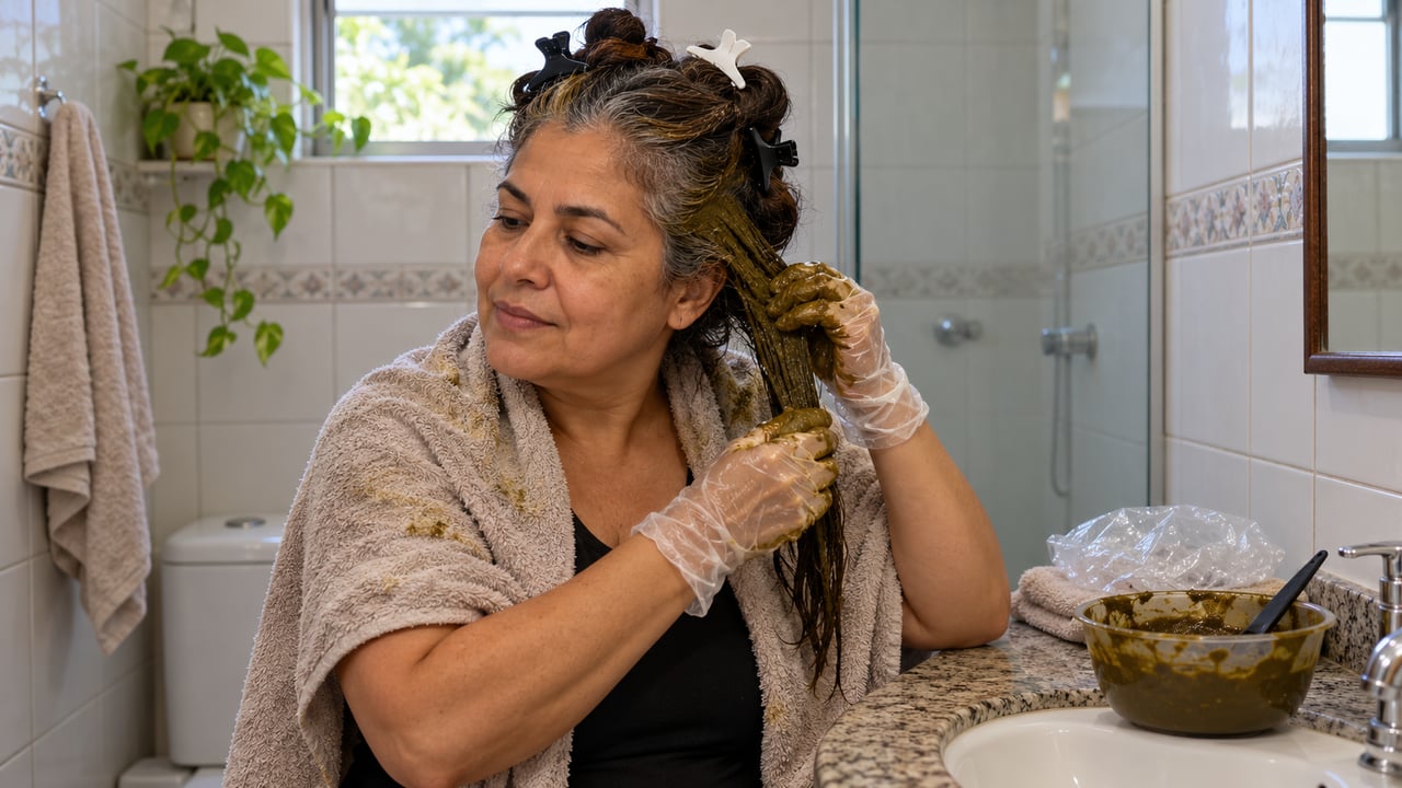 Com luvas e o cabelo dividido em mechas, espalhe a pasta da raiz às pontas e deixe agir de duas a três horas sob touca plástica – Imagem ilustrativa criada por inteligência artificial