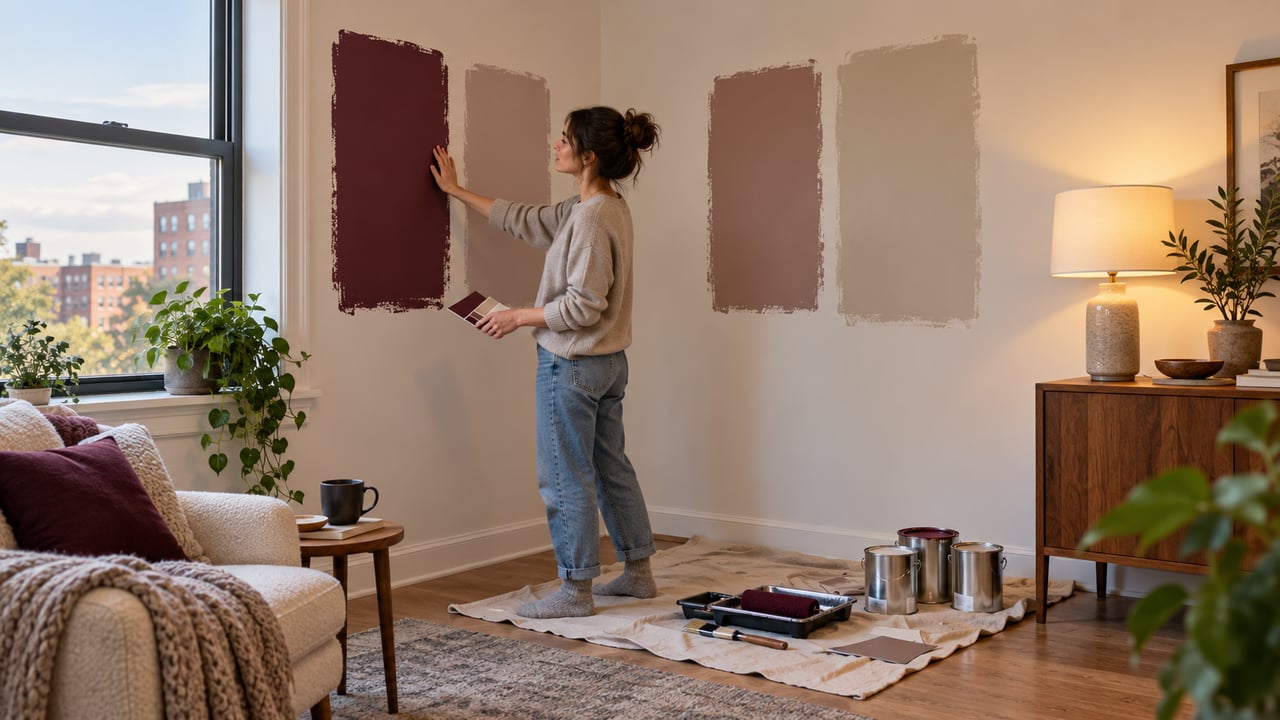 A cor da parede muda conforme a iluminação, por isso as amostras devem ser observadas em diferentes horários – Imagem ilustrativa criada por inteligência artificial