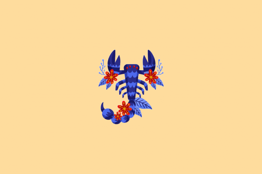 Ilustração estilizada do signo de Escorpião. No centro, um escorpião azul com tons arroxeados visto de cima, decorado com flores vermelhas de miolo amarelo e ramos de folhas azuis ao longo do corpo e da cauda. O fundo é de cor amarela clara uniforme.