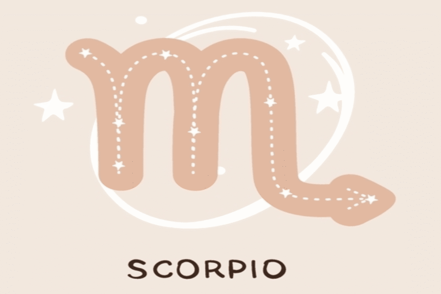 Ilustração do símbolo de Escorpião em tom bege, decorado internamente com linhas pontilhadas e pequenas estrelas brancas. Um círculo irregular e outros elementos celestes aparecem ao redor sobre fundo claro.