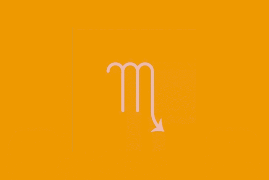 Símbolo do signo de Escorpião em linhas rosa-claro sobre um fundo amarelo-alaranjado.