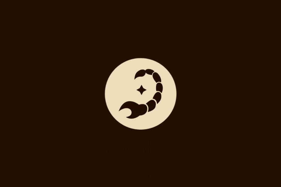 Ilustração vetorial do signo de Escorpião, representada pela silhueta de um escorpião com a cauda curvada e uma estrela de quatro pontas ao lado, centralizada em um círculo bege sobre fundo marrom.