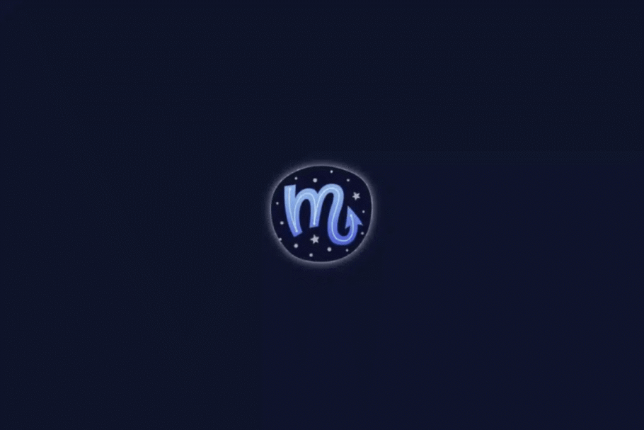 Ilustração do símbolo astrológico do signo de Escorpião em tons de azul e lilás, com uma seta na extremidade inferior direita. O símbolo está centralizado em um círculo decorado com estrelas brancas, sobre um fundo azul-marinho escuro.