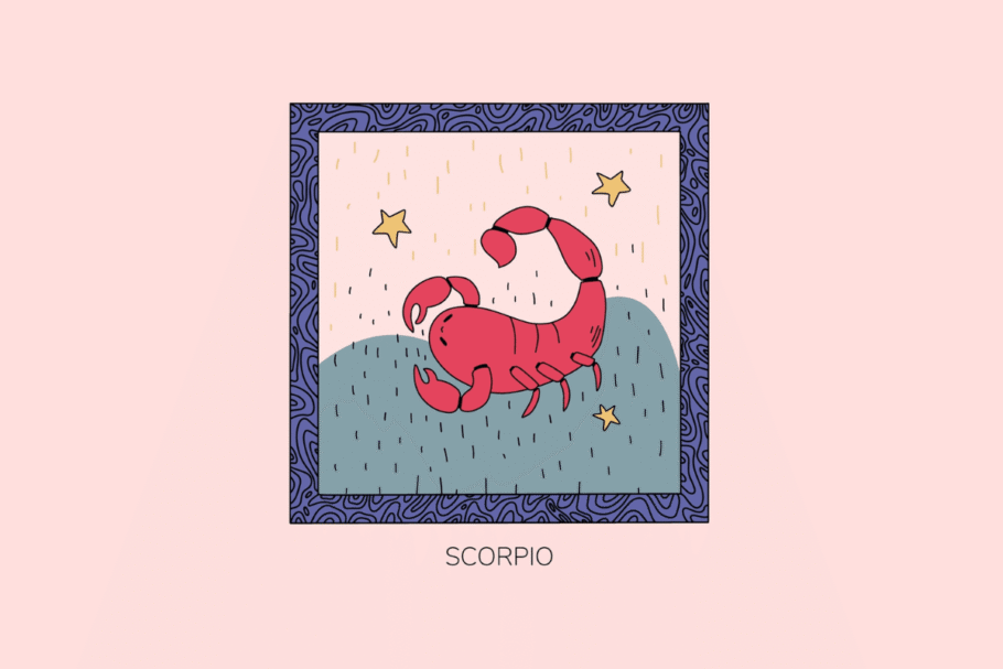 Ilustração estilizada do signo de Escorpião, mostrando um escorpião vermelho sobre fundo estilizado com estrelas amarelas, em moldura roxa e com a palavra "Scorpio" abaixo.
