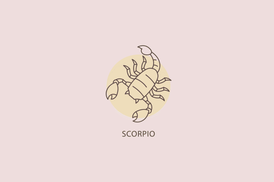 Ilustração em linhas finas de um escorpião com garras e cauda curvada, com um círculo bege ao fundo e a palavra "SCORPIO" abaixo.