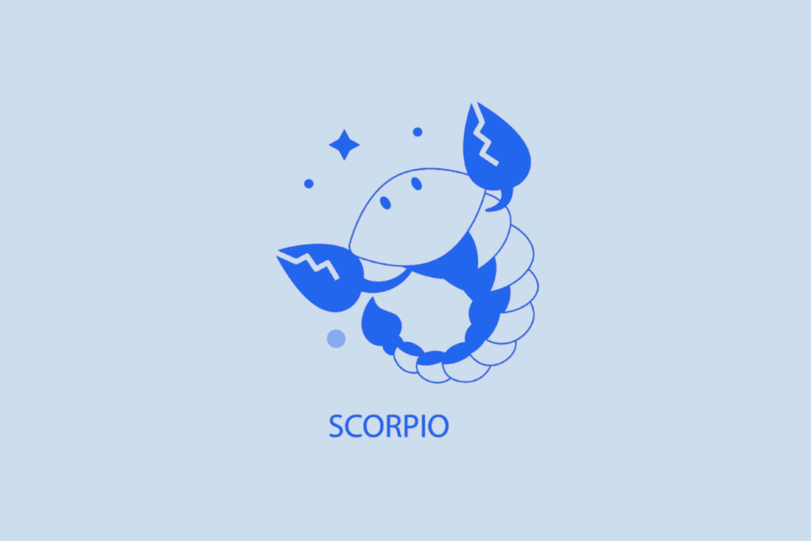 Ilustração minimalista em tons de azul e branco representando o signo de Escorpião. Mostra um escorpião com garras levantadas, acompanhado de pequenos pontos e uma estrela ao fundo. Na parte inferior, está escrita a palavra "SCORPIO" em letras maiúsculas azul-escuro.