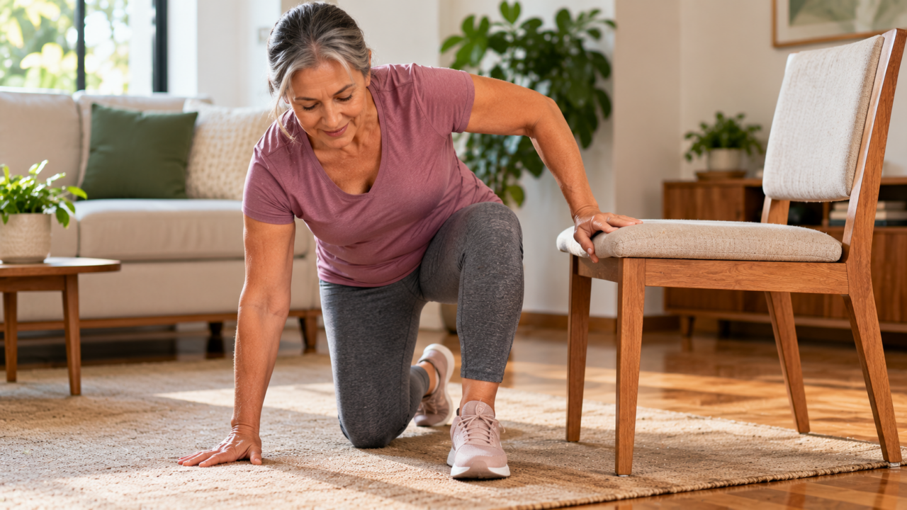 Aprenda uma progressão para treinar como levantar do chão depois dos 50, usando uma cadeira firme e respeitando os limites do corpo.