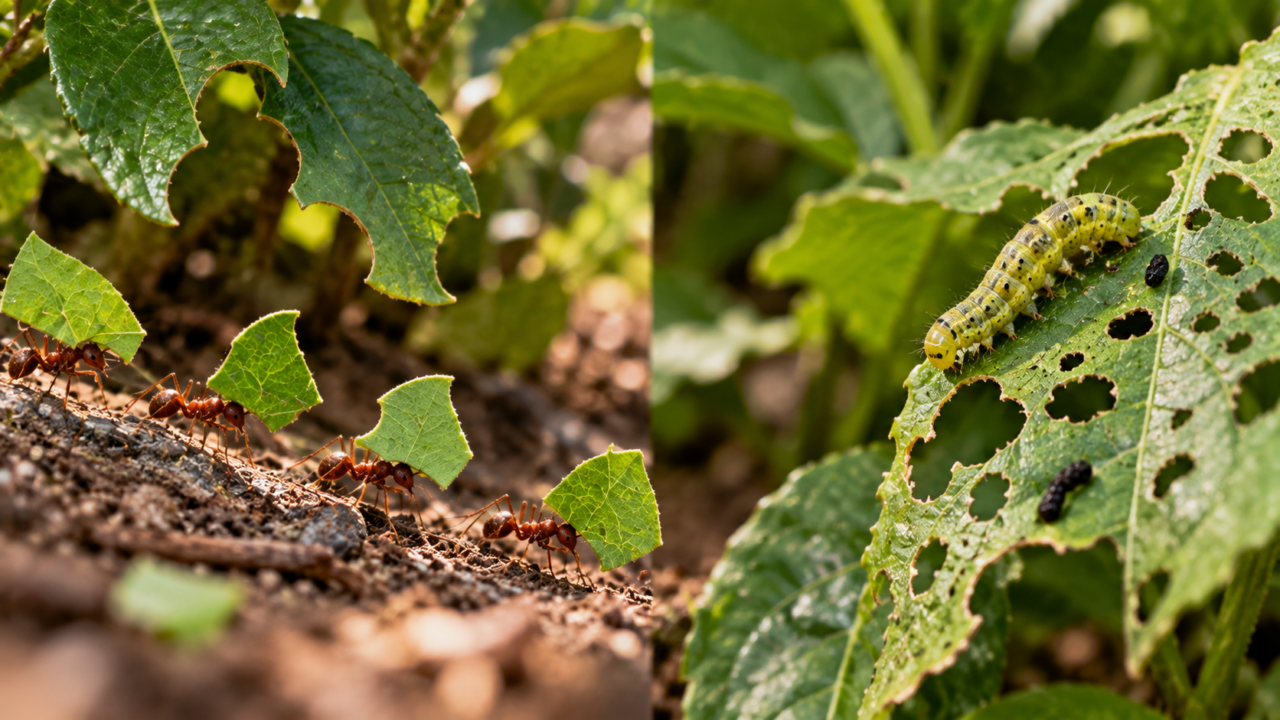 Formigas carregando pedaços de folhas ou folhas cheias de furos? Entenda os sinais que ajudam a identificar qual praga está atacando suas plantas.